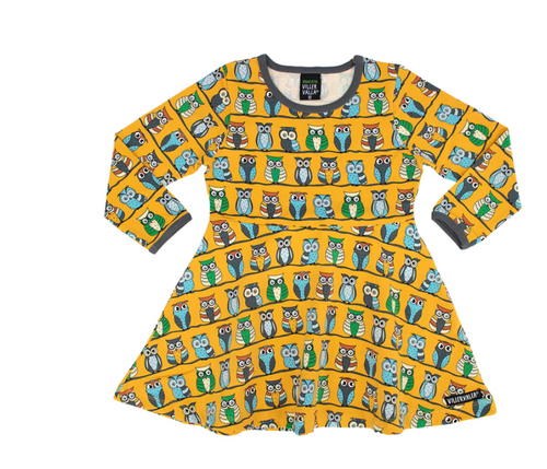 Villervalla Twirly Dress - Owl Print - Saffron