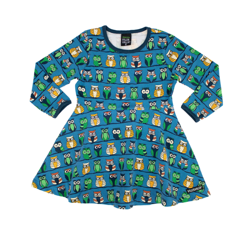 Villervalla Twirly Dress - Owl Print - Mid Marine