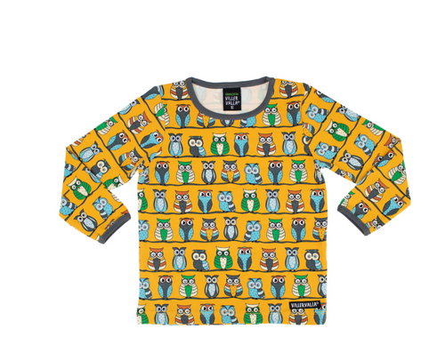 Villervalla Long Sleeve Top - Owl Print - Saffron